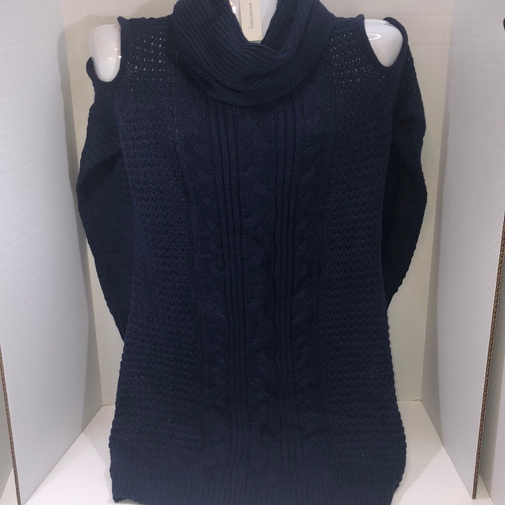 Francesca's Collection Alya cold shoulder cowlneck cable knit sweater Si…